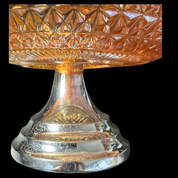 VINTAGE MARIGOLD CARNIVAL GLASS 8.25" BOWL ON METAL STAND - Picture 11 of 12